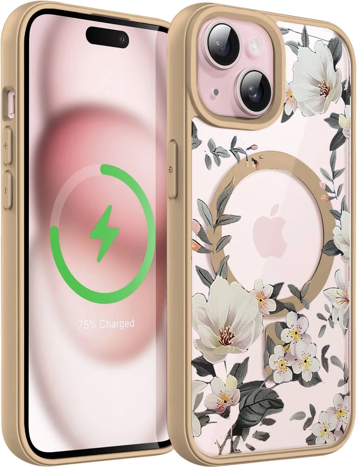 VONZEE Compatible with iPhone 15 Case Luxury Retro Flowers Floral Clear for Magnetic Wireless Charging Case Shockproof Case PC+TPU Cute Glossy Shiny Cover for Girls Women, 6.1'' Desert Titanium