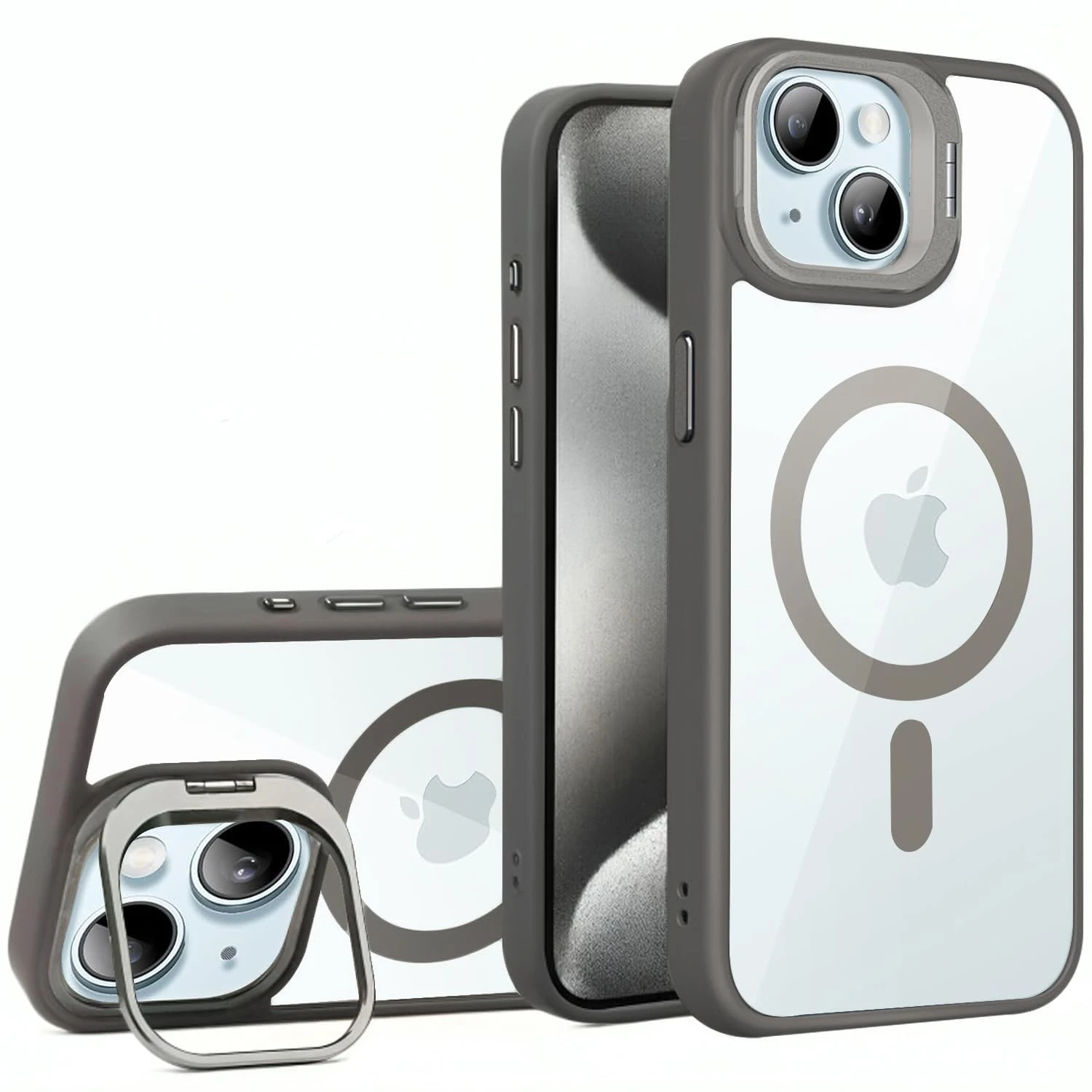 VONZEE Clear Camera Kickstand Case for iPhone 15 | Magnetic Stand Shockproof Cover – Grey | DoorSewa Nepal