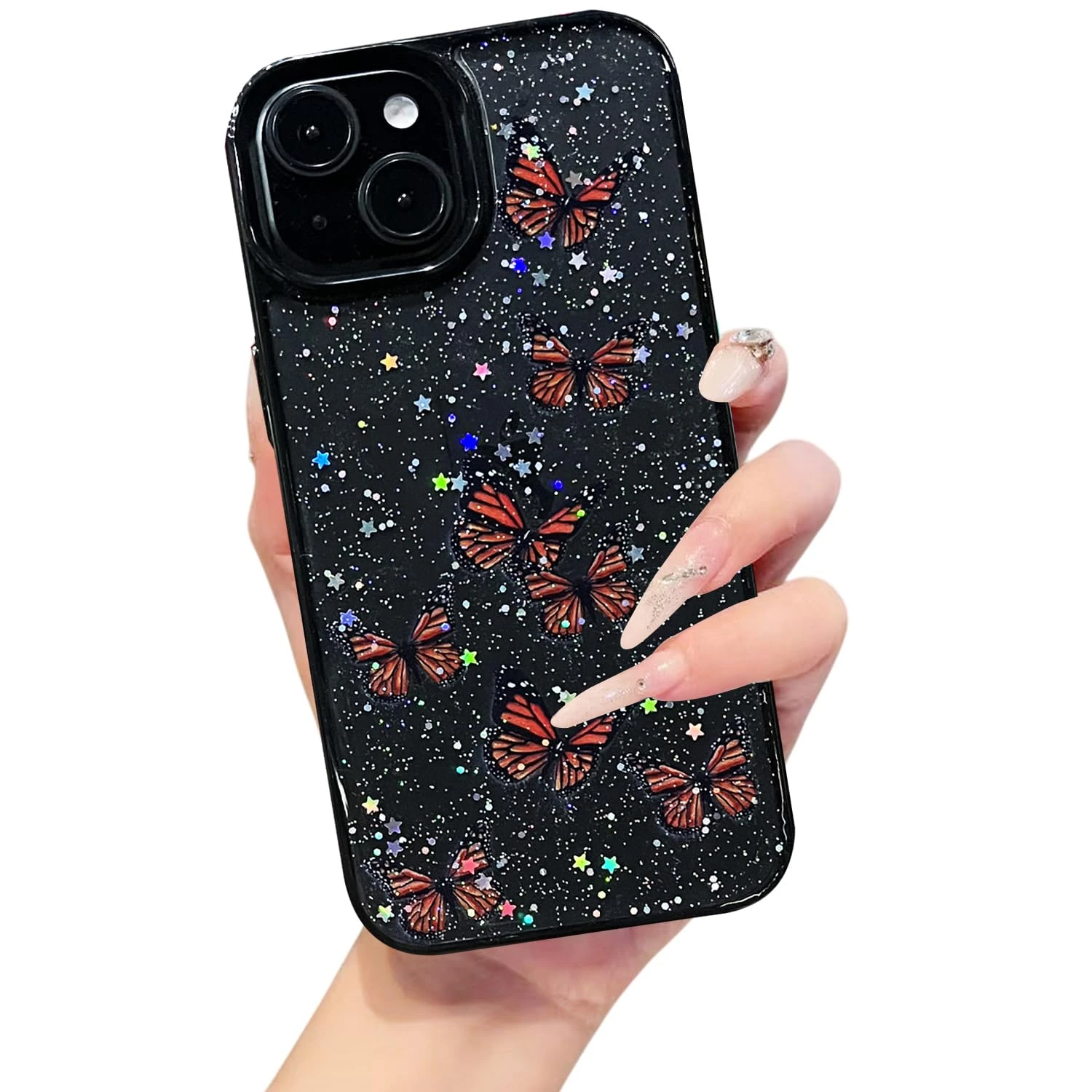 VONZEE Clear Glitter Butterfly Case for iPhone 15 (6.1") | Cute Bling Shockproof TPU Cover – Black | DoorSewa Nepal