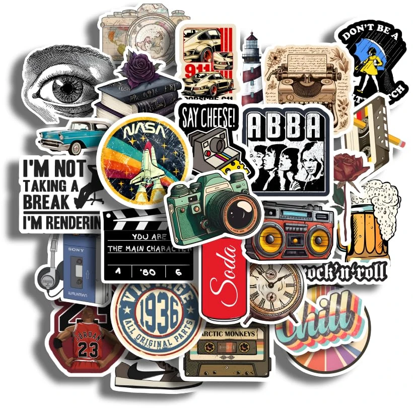 28Pcs Vintage Vinyl Stickers Set | Waterproof, Residue-Free Decorative Stickers for Laptop, Bottle & Journal | DoorSewa Nepal