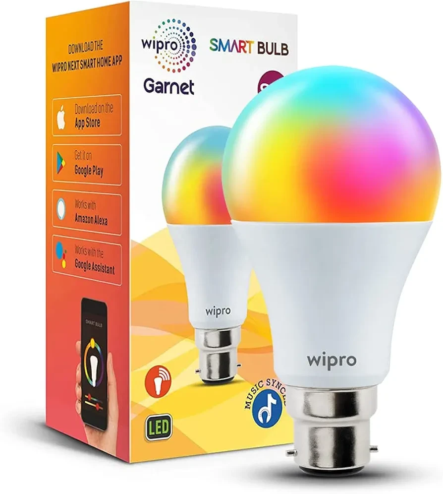 Wipro 9W WiFi Smart LED Bulb B22 with Music Sync - 16 Million Colours, Warm/Neutral/White Light, Alexa & Google Assistant Compatible (NS9400)