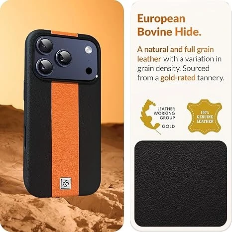 DIZORO Leather Case for iPhone 17 Pro Max, Men Women Luxury Elegant Slim Business PU Cover Soft Non-Slip Grip Shockproof Anti-Scratch Protective Back Cover Black Orange