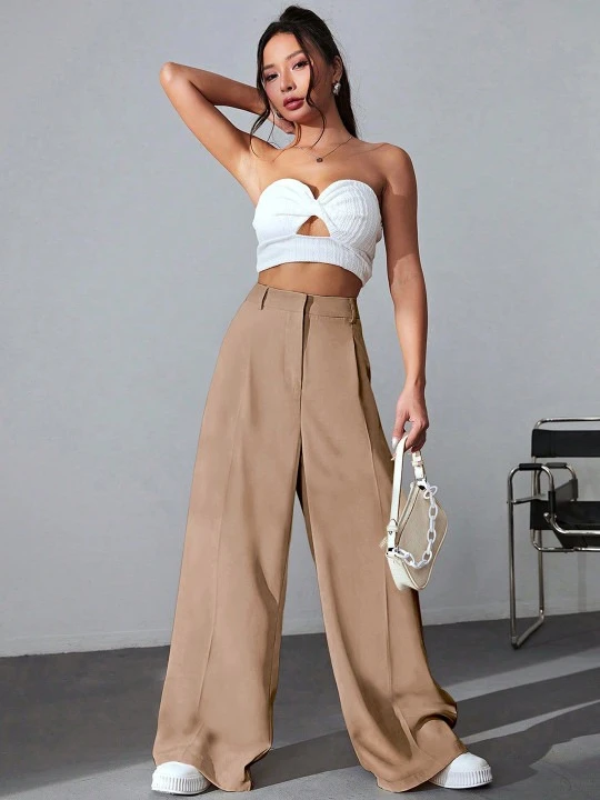 SZN Women High-Rise Trousers | Relaxed Fit Office & Casual Pants for Women | Soft Fabric, Modern Trendy Style | warm beige