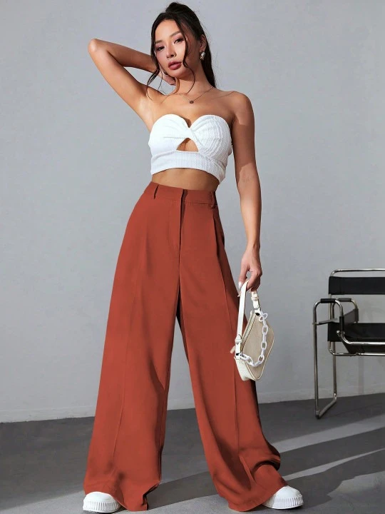 SZN Women High-Rise Trousers | Relaxed Fit Office & Casual Pants for Women | Soft Fabric, Modern Trendy Style |Rust orange