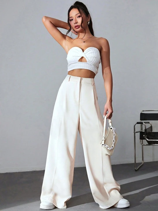 SZN Women High-Rise Trousers | Relaxed Fit Office & Casual Pants for Women | Soft Fabric, Modern Trendy Style White